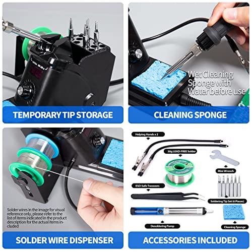 YIHUA 926 III 60W Digital Display Soldering Iron Station Kit w 2 Helping Hands, 6 Extra Iron Tips, Lead-Free Solder, Solder Sucker, S/S Tweezers, °C/ºF Conversion, Auto Sleep & Calibration Support - color: Black