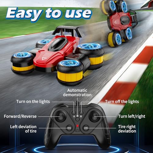 Remote Control Car RC Stunt Cars Toy Gifts - High-Speed Drift 360 Flips Four-Sided Driving Rotating Twist 4WD Offroad Vehicle for Kids Boy Girl Birthday Presents Ages 5 6 7 9 10 11 12 Years Old Red - color: Red