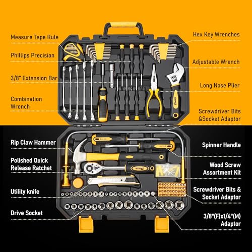 KOOPOOL Tool Set, Tool Box Kit for Mechanic and Car, General Household Home Tool Kit, Basic Tool Kit for Home Auto Repair, with Storage Case - color: Black Yellow