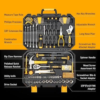 KOOPOOL Tool Set, Tool Box Kit for Mechanic and Car, General Household Home Tool Kit, Basic Tool Kit for Home Auto Repair, with Storage Case - color: Black Yellow