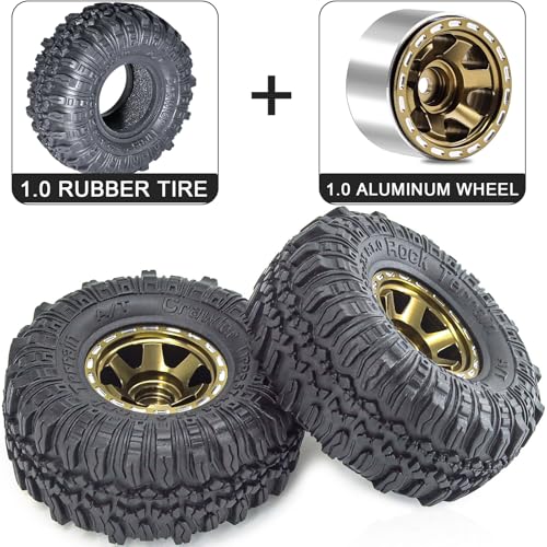 1.0 Beadlock Wheels and Tires Set 57 x 24 mm 1.0 inch Rubber Rock Crawler Tires & Alloy Blade Wheels For 1/18 1/24 Axial SCX24 TRX4M Gladiator Bronco C10 JLU Deadbolt RC Crawler Upgrade(Brown) - color: Brown