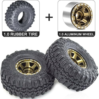 1.0 Beadlock Wheels and Tires Set 57 x 24 mm 1.0 inch Rubber Rock Crawler Tires & Alloy Blade Wheels For 1/18 1/24 Axial SCX24 TRX4M Gladiator Bronco C10 JLU Deadbolt RC Crawler Upgrade(Brown) - color: Brown