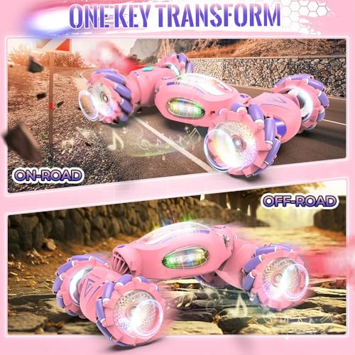 RC Stunt Car, 2.4GHz 4WD Gesture Sensing Remote Control Car, RC Twist Cars with Spary & Light & Music, Double-Sided 360° Rotating (Pink)