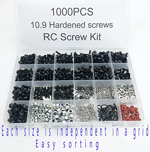 1000pcs Universal RC Screw Kit Screws Assortment,Set Hardware Fasteners for Traxxas Axial Redcat HPI Arrma SCX10 Losi 1/8 1/10 1/12 1/16 Scale RC Cars Trucks Crawler, RC Screw Kit (1000Piece Screws)