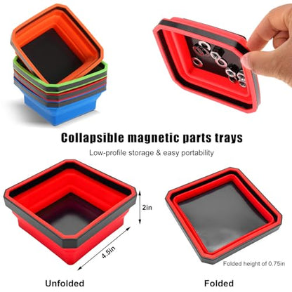 Yourkar Collapsible Magnetic Parts Tray, 4.5 Inch Foldable Magnetic Square Silicone Tray, Tool Tray Set with Double-Sided Magnetic Base for Screw Bolts Nuts Pins, Car Accessories (Red) - color: Red, 1 PCS