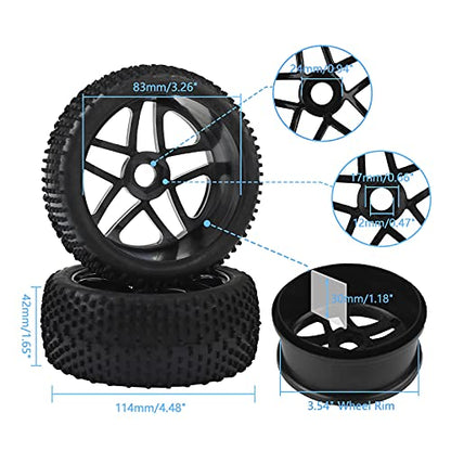 RC Tires & Wheels Set, Black, 4PCS | 1/8 Scale, 17mm Hex, Off-Road Buggy Tires, For Arrma Typhon, Compatible with Kyosho Traxxas