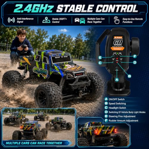 1:18 4WD RC Truck, 40 KM/H High Speed All Terrain Off-Road Remote Control Car with 40A ESC, Fast RC Car with Dual Motors for Adults, 2 Batteries for 60 Mins Runtime, Monster Truck Boys
