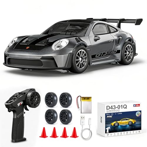 1/43 Scale RC Drift Car, Mini 911 RC Model Car 2.4GHz 4WD RC Alloy D43 Vehicles with Gyro & LED Lights for Adults Hobby Toys (Gray) - color: 911-gray