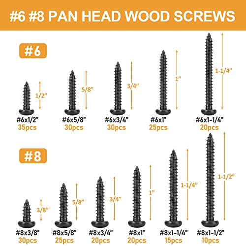VIGRUE 260PCS #6#8 Black Wood Screw Assortment Kit, 304 Stainless Steel Pan Head Self Tapping Screws, Black Oxide - style: 260PCS #6#8Stainless Steel Black Pan Head