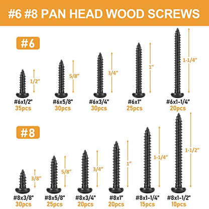 VIGRUE 260PCS #6#8 Black Wood Screw Assortment Kit, 304 Stainless Steel Pan Head Self Tapping Screws, Black Oxide - style: 260PCS #6#8Stainless Steel Black Pan Head