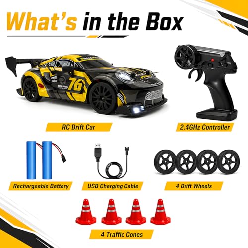 HTURCCOP 1:24 RC Drift 2.4GHz with LED Light, Race Car Toys for Boy Girl 8-12 Years Old, Speed Adjustable 25Km/H,High Speed RC Racing Cars Perfect Toy Gift for Boys & Girls (Yellow) - color: Yellow