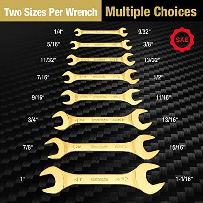 DURATECH Super-Thin Open End Wrench Set, SAE, 8-Piece, 1/4" to 1-1/16" | Slim Wrench Set, Titanium Plating, Rolling Pouch - color: Gold, size: SAE