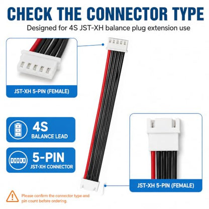 5-Pack 4S Balance Plug Extension Leads, 200mm 22AWG JST-XH Style Wires | Flexible 22AWG PVC-insulated wire extends 4S LiPo balance connections by 200mm for easier RC charging and cable routing.