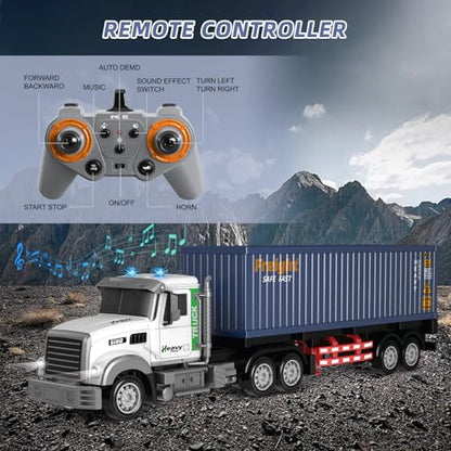 Mostop RC Semi Truck with Trailer, 23.6 Inch Remote Control Semi Truck Toy for Kids 3-8, 1:24 Scale Container Carrier Transport Vehicle with 2 Batteries, LED Lights & Sounds, Birthday Gift for Boys