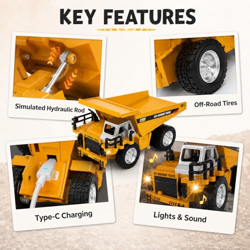 1/64 Mini RC Dump Truck with APP & 2.4GHz Remote Control, Alloy Metal Construction Vehicle Toy, Rechargeable Dump Truck with Lights & Sound, Gift for Boys Girls Adults - style: RC Dump Truck
