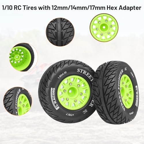 12mm/14mm/17mm Hex RC Wheels and Tires RC Truck Tires 1/10 Scale Tyres Hex Detachable Replacement for Arrma Senton Slash Axial Redcat Rc4wd Fury (Green C) - color: Green