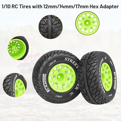 12mm/14mm/17mm Hex RC Wheels and Tires RC Truck Tires 1/10 Scale Tyres Hex Detachable Replacement for Arrma Senton Slash Axial Redcat Rc4wd Fury (Green C) - color: Green