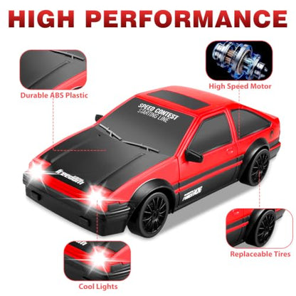 RC Drift Car, 1:24 Remote Control Cars 2.4GHz 4WD High Speed Drift RC Cars with LED Light Dritfing Tires Racing Hobby Toy Car for Boys Girls Kids Adults (Red) - color: A.red