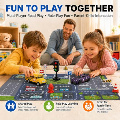 1:32 Alloy Pull Back Truck Toys for Kids, 6 Pack Die Cast Car Set with Road Map, Traffic Signs & Light, Toy Vehicle Playset, Birthday for Boys Girls Ages 3-8 - size: Alloy car 6-piece setpiece set