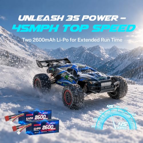 Hosim Mini 1:8 45+ MPH Fast Brushless RC Cars for Adults with 3S Battery | All Terrain Adult RC Trucks, 3650 Brushless Motor (2800KV) 60A ESC, Central Transmission, Two 3S 11.1V 2600mAh Lipo