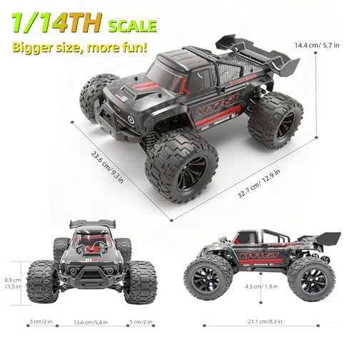 Brushless RC Cars, 1/14 RC Truck, 55km/h High Speed Remote Control Truck | 4X4 Off-Road, IPX4 Waterproof, 2.4GHz Transmitter, 2S/3S LiPo Compatible, Two Batteries 2000mAh