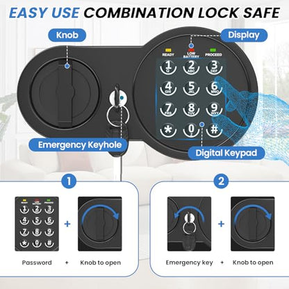 0.5 Cu Ft Mini Safe Box with Fireproof Document Bag, Money Safe with Keys & Pass Code & Wall Mount Kits, Small Safes with Smart Alert System for Money, Jewelry, and Documents【2026 New】 - size: 0.5 Cubic Feet