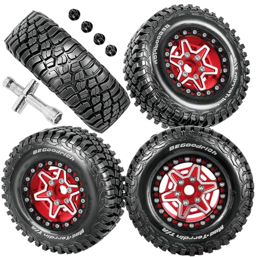 RC 1.9" Beadlock Wheels and Tires Set for 1/12 M-J-X H12Y H12Y+ H12P MN-128 RC Crawler,Wheels Tire OD 90MM/3.54",Aluminium Wheel Rims (4PCS),1.9" Beadlock Wheel Tires,Red - color: Red- (Wheel Tires)