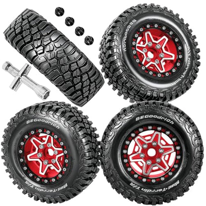 RC 1.9" Beadlock Wheels and Tires Set for 1/12 M-J-X H12Y H12Y+ H12P MN-128 RC Crawler,Wheels Tire OD 90MM/3.54",Aluminium Wheel Rims (4PCS),1.9" Beadlock Wheel Tires,Red - color: Red- (Wheel Tires)