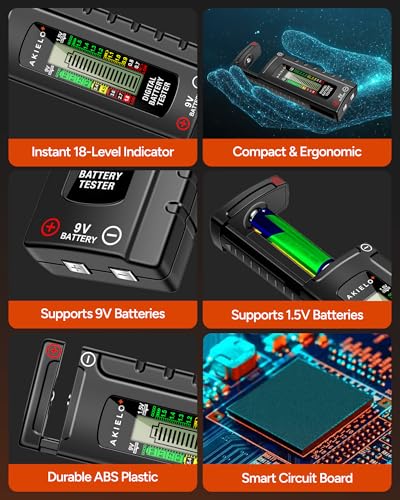 AKIELO+ Digital Battery Tester – Easy Read LCD Display – No Battery Required – Universal Household Battery Checker for Size AA AAA C D 9V 1.5 Cell (Batteries Not Included) - size: 1 Pack