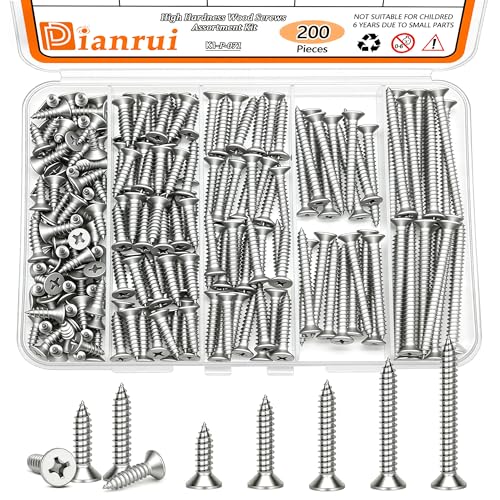Dianrui 200 PCS 304 Stainless Steel Screws, #8 Wood Screws Assortment Kit, Phillips Drive Sheet Metal Screw Set Marine Grade Length 1/2" to 2" - size: 200PCS-SV