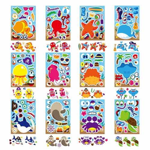 Make Your Own Sea Animals Stickers, Make a Face Stickers | 24 Sheets Ocean Animals Stickers for Kids Toddlers, Mix and Match Stickers for Kids Party Favors Activities - style: Sea Animals
