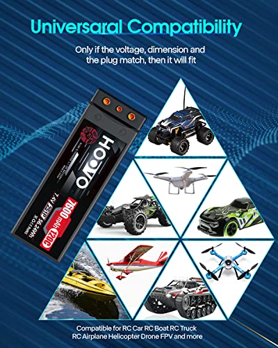 HOOVO 7600mAh 2S Lipo Battery 7.4V 120C RC Battery Hard Case 4mm Bullet with T Plug for RC Drag Car RC Truck Boat DJI Heli Airplane RC Models (2 Packs)