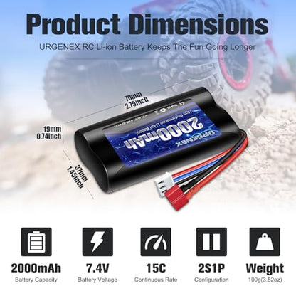 Li-ion Battery 7.4V 2000mAh with Dean-Style T Plug 2S Rechargeable RC Battery Fit for WLtoys 4WD High Speed RC Cars and Most 1/10, 1/12, 1/16 Scale RC Cars Trucks with 1TO2 USB Charger