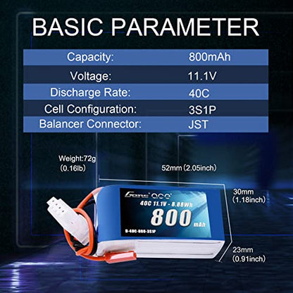 Gens ace 3S 800mAh 11.1V 40C LiPo Battery Pack with JST Plug for 200 250 Heli 800mm Warbirds Eflite Blade CP CP Pro Helicopter Compare to E-flite EFLB8003SJ30 - size: 1 Pcs