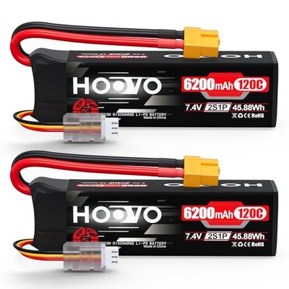 HOOVO 2S Lipo Battery, 7.4V 6200mAh 120C RC Battery Pack Softcase XT60 Plug | 2Packs, for RC Car Truck Buggy Crawler Airplane Boat RC Vehicle