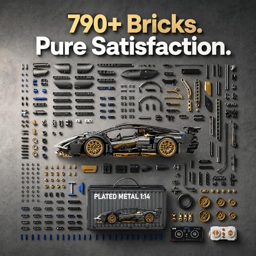 RC Car Building Kit, 1:14 App Control Car Kit with LEDs | car kit with 790+ pieces, opening doors, LED lights, app control, and responsive driving; built for solo projects. - color: Black and Gold
