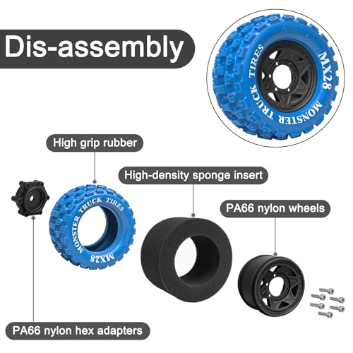LRFHL MX28 F/R 2.8" RC Monster Truck Tires and Wheels 4PCS, Blue | 12mm/14mm Hex Adapter, 1/10 RC Monster Truck, Compatible with Traxxas Stampede Rustler Redcat Arrma Vorteks Big Rock Granite - color: Blue Tires+ Black Hex Wheel-2