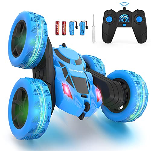Hamdol Remote Control Car for Kids, 360° Rotating RC Stunt Car Double-Sided 4WD Electric Vehicle with LED Lights, 2.4GHz Rechargeable Toy Cars for Boys Girls Age 6 7 8 9 10 11 12, Birthday Gift - color: Blue, size: Standard (Headlights)