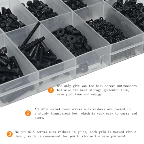 800 Pcs M2.5 x 4mm/6mm/8mm/10mm/12mm/16mm/20mm Socket Head Screws M2.5 Long Screws Metric Screws Bolts Washers Nuts Kit Machine Screw Assortment Kit 12.9 Grade Alloy Steel Fully Threaded for Furniture - size: M2.5x4/6/8/10/12/16/20mm-800Pcs