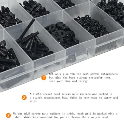 800 Pcs M2.5 x 4mm/6mm/8mm/10mm/12mm/16mm/20mm Socket Head Screws M2.5 Long Screws Metric Screws Bolts Washers Nuts Kit Machine Screw Assortment Kit 12.9 Grade Alloy Steel Fully Threaded for Furniture - size: M2.5x4/6/8/10/12/16/20mm-800Pcs