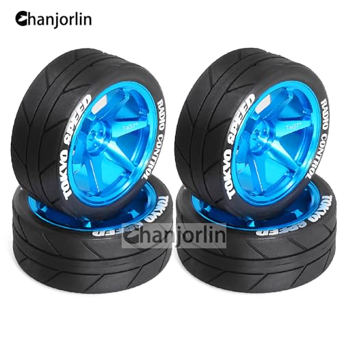 1/10 On Road Tires and Aluminum Wheels 12mm Hex RC Rally Racing Tyres OD 2.56" for Tamiya TT01 TT02 XV01 TA06 A959 PTG2 HPI KYOSHO PTG2 Traxxas 1:10 Street Touring Drift Car 4PCS (Blue) - color: Blue