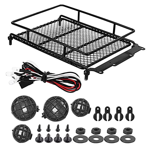 Metal ROOF Rack Luggage Carrier LED Light MN 1/12 RC Crawler Durable Practical RED Black Silver Applicable Remote Control CAR (Black) - color: Black