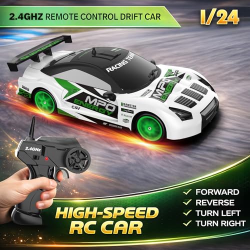 RC Drift Car Remote Control Car 2.4GHz 1:24 Scale 4WD 15KM/H High Speed Model Vehicle LED Lights Drifting Tire Racing Sport Toy for Adult Boys Girls Kids Gift 2Pcs Rechargeable Batterie - color: White