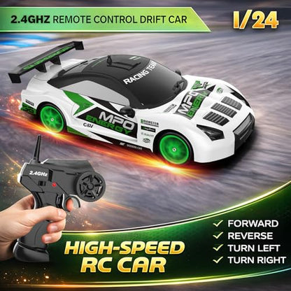 RC Drift Car Remote Control Car 2.4GHz 1:24 Scale 4WD 15KM/H High Speed Model Vehicle LED Lights Drifting Tire Racing Sport Toy for Adult Boys Girls Kids Gift 2Pcs Rechargeable Batterie - color: White