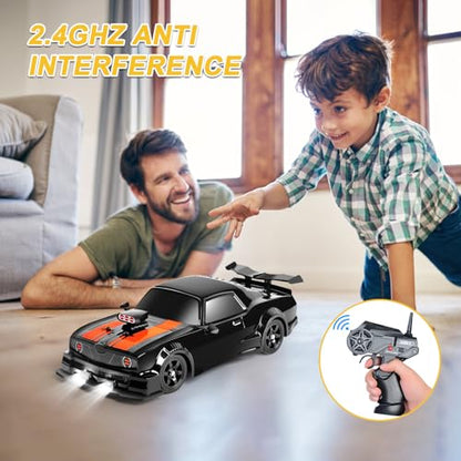 Fistone RC Drift Car 2.4GHz 1:16 Scale 4WD 18KM/H High Speed Remote Control Car with LED Lights, 2 Batteries and Rubber Tire, Racing Sport Toy Vehicle for Adults, Boys, Girls, and Kids