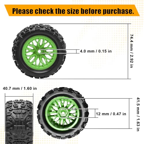 Pre-Glued 1/16 & 1/18 RC Monster Truck Rubber Tire & Nylon Wheel - 12mm Hex | Rubber Tires with Foam Fits for ARRMA 1/18 Granite/Typhon Grom, WLtoys A949, MJX Hyper Go H16 (4PCS, Green) - color: Green