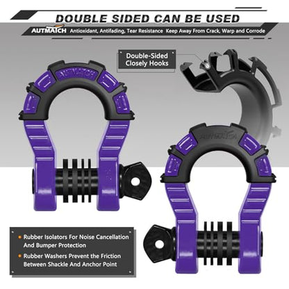 AUTMATCH D Ring Shackles 3/4" Mega Shackle (2 Pack) 68,000Ibs Break Strength - Heavy Duty Clevis Shackles with 7/8" Screw Pin and Isolator Washer for Tow Strap Winch Off Road Vehicle Recovery, Purple - color: Purple & Black