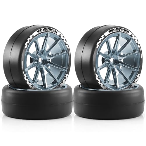 REDSPIDER 1/10 RC Drift Aluminum Wheels and Tires, OD 65mm Drift Racing Tires, 12mm Hex for 1:10 Rally Street On Road Touring Car (Titanium)