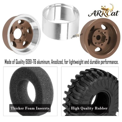1.0 Beadlock Wheel Tires Set for RC Crawler Car 1/18 TRX4M,1/24 SCX24,RC Off Road Buggy Rally Truck Swamp Claw Mud Terrain Rubber Tires and Aluminum Wheel Rims w/Sponge,Brown - color: Brown - (4pcs 1.0)