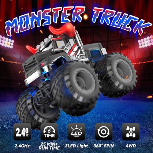 AUUGUU Remote Control Car, 2.4GHz Monster Trucks Toys with Light Spray, Birthday Gift for Kids 3 4 5 6 7 8, All Terrain RC Cars, Toddler Toys for Boys Girls 3+ Year Old (Bull) - style: Bull